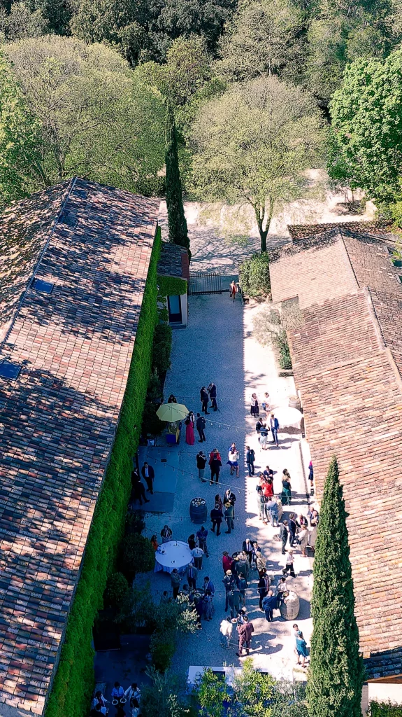 Vue aérienne de la cour et des invités réunis au château